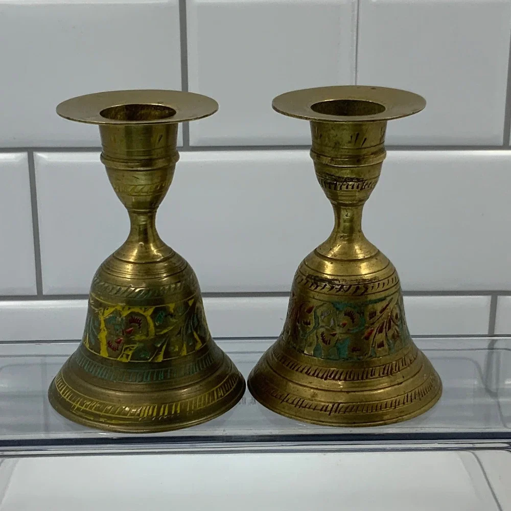 Vintage India Etched Floral Enamel Brass Bell Candle Holder Pair Gold 4.5in